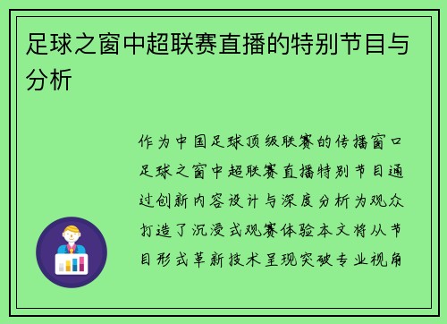 足球之窗中超联赛直播的特别节目与分析