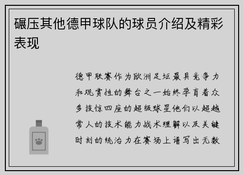 碾压其他德甲球队的球员介绍及精彩表现
